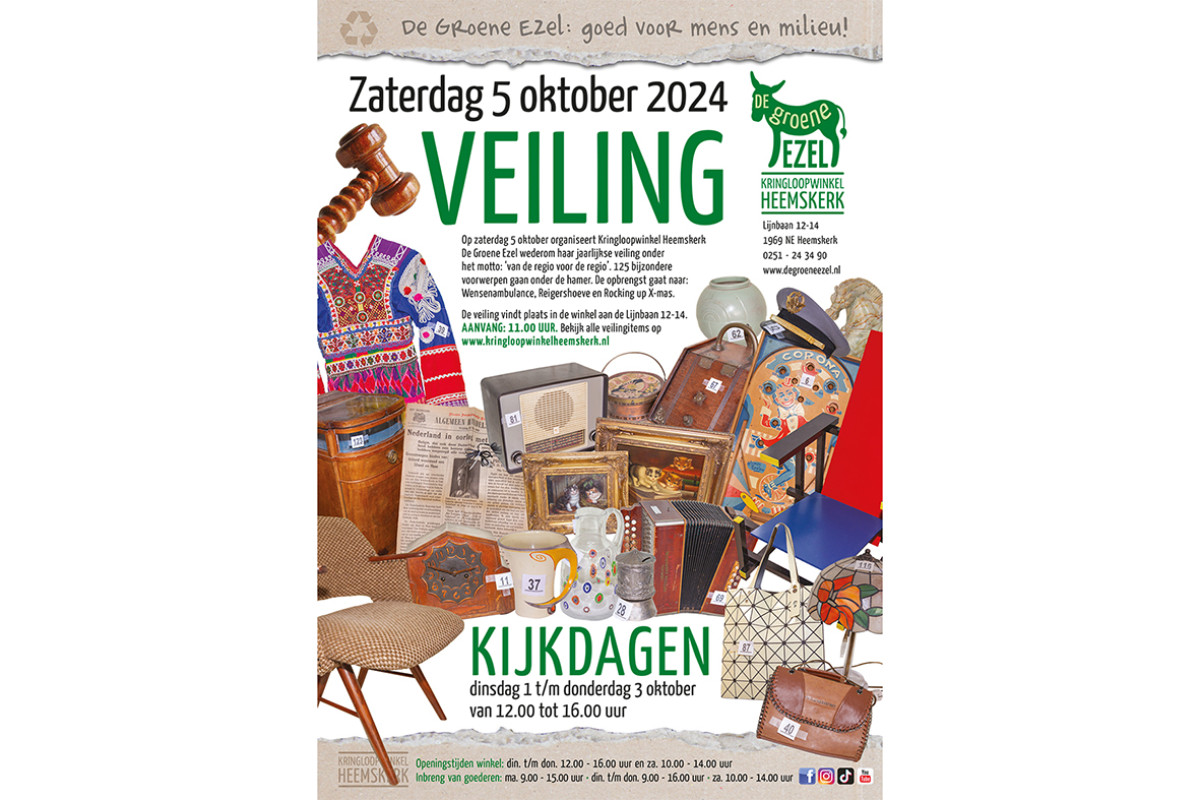 Poster met aankondiging van Veiling bij de Groene Ezel