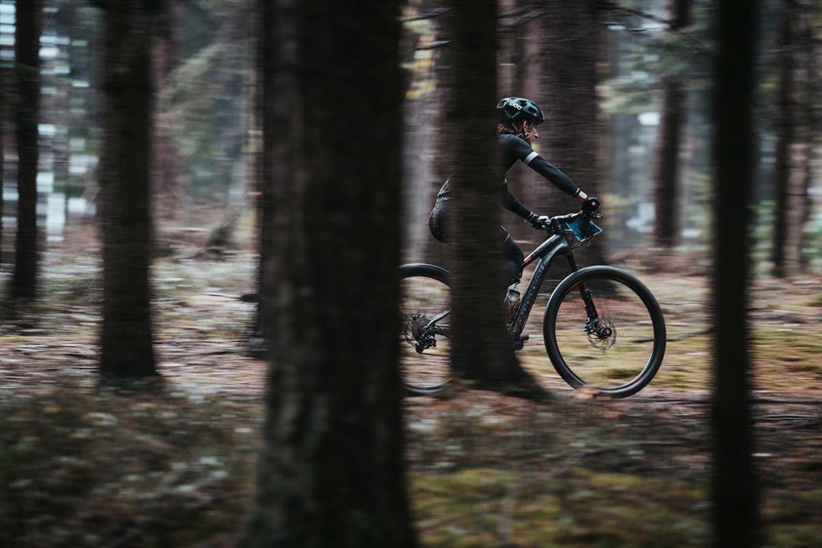 Mountainbiker fietst door de bossen.