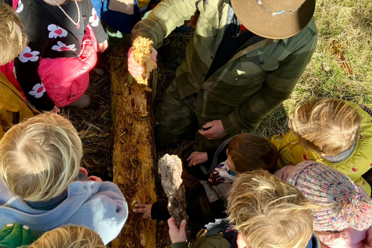 Boswachter laat schors zien aan een groep kinderen.