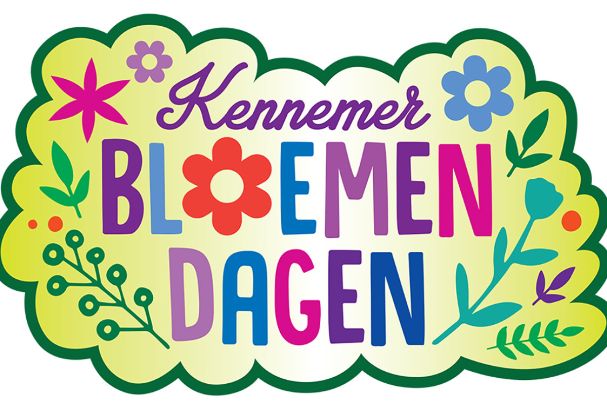 groene wolk met de tekst kennemerbloemendagen en getekende bloemen erom heen