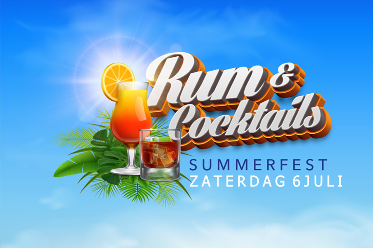 Tekst 'rum&cocktail op een blauwe achtergrond met een oranje cocktail