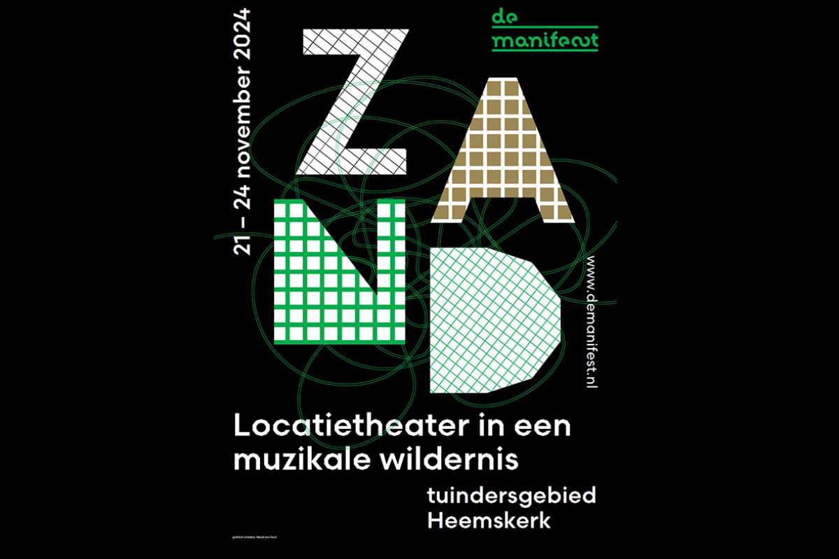 Theater poster, zwart vlak met de tekst 'ZAND'