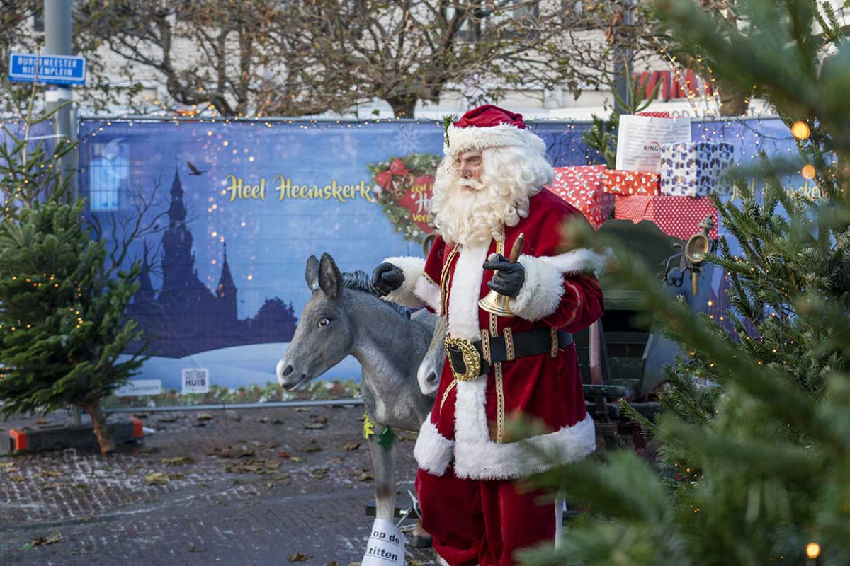 Kerstman loopt met een ezel bij dennenbomen in de stad.