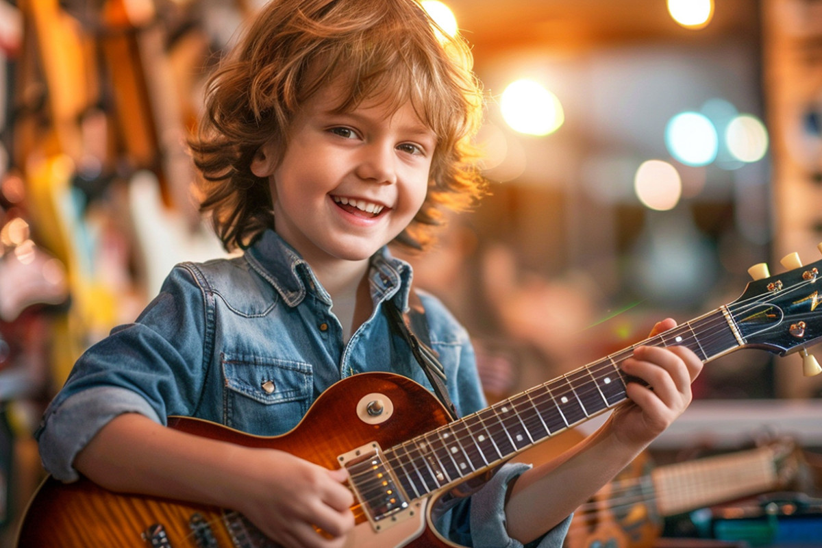 Jongen heeft gitaar in de hand.