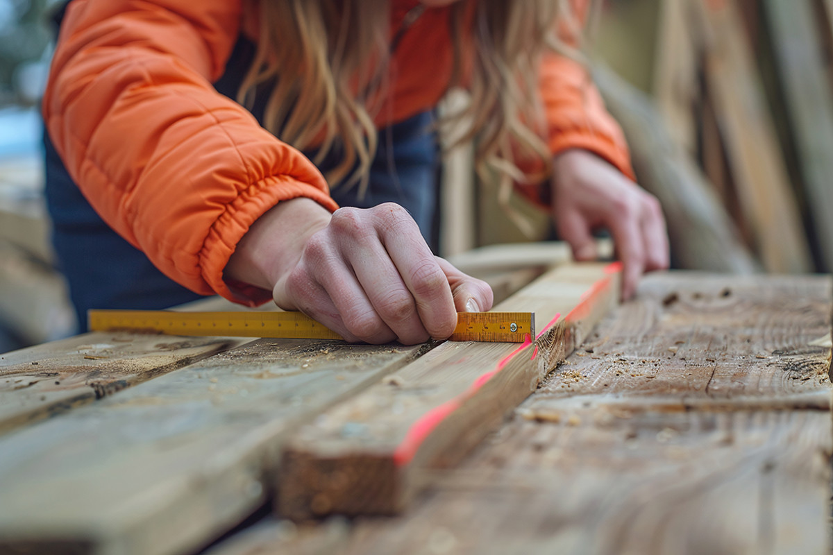 Meisje met oranje jas meet een stukje hout op.